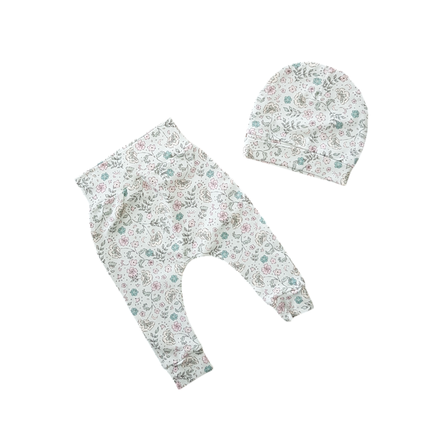 Harembroekje met muts bloemen mintgroen