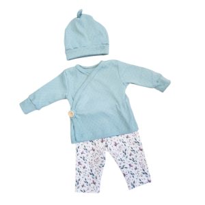 Setje overslagshirt, broekje en muts blaadjes blauw maat 50