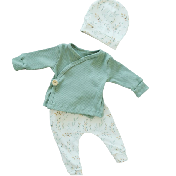 Setje overslagshirt, broekje en muts eucalyptus mintgroen maat 50