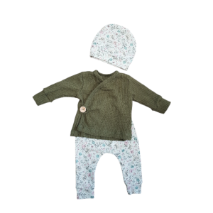Setje overslagshirt, broekje en muts mintgroene bloemetjes khaki maat 50