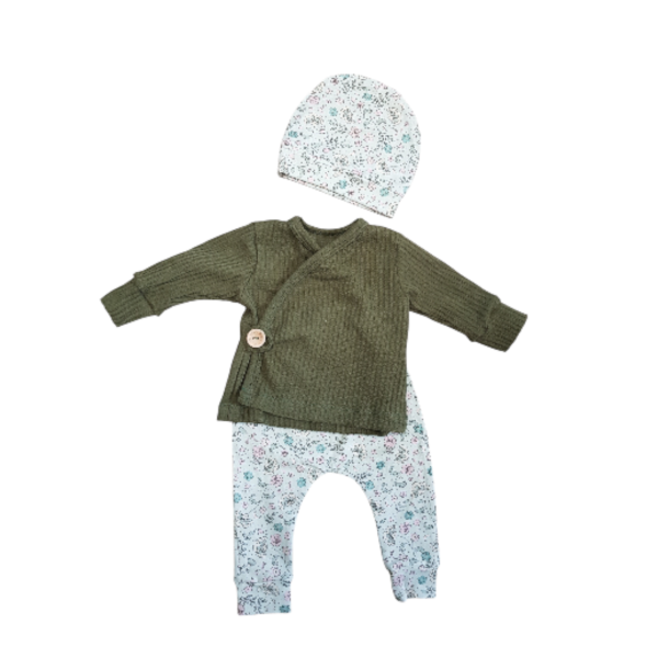 Setje overslagshirt, broekje en muts mintgroene bloemetjes khaki maat 50