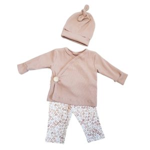 Setje overslagshirt, broekje en muts panter zalm maat 50