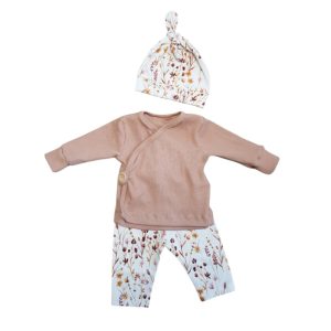Setje overslagshirt, broekje en muts veldbloemen zalm maat 50