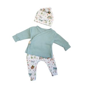 Setje overslagshirt, broekje en muts vlinders mintgroen maat 50