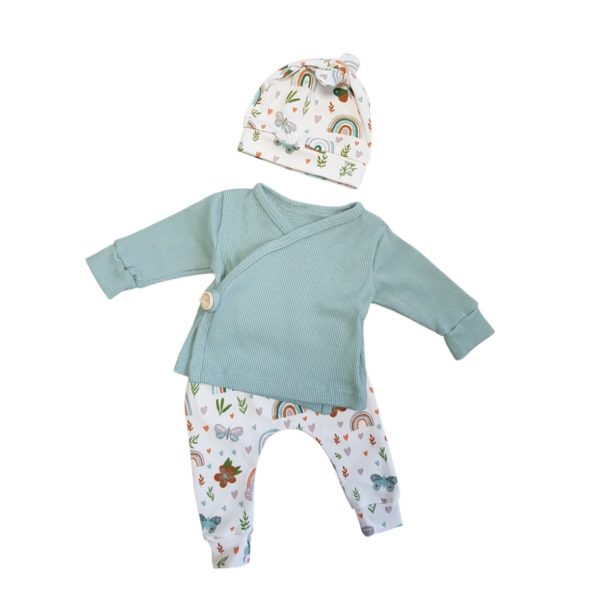 Setje overslagshirt, broekje en muts vlinders mintgroen maat 50