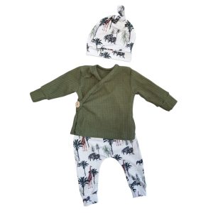 Setje overslagshirt, broekje en muts zebra's en giraffen khaki maat 50